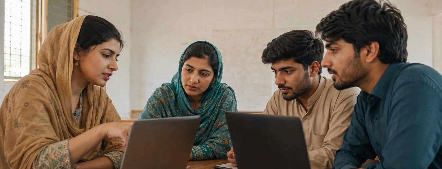 Four young Pakistani adults working together on laptops in a bright training room, one woman explaining something on her screen to the others.