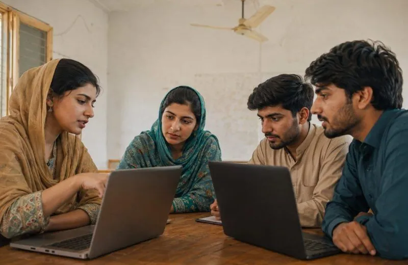 Four young Pakistani adults working together on laptops in a bright training room, one woman explaining something on her screen to the others.
