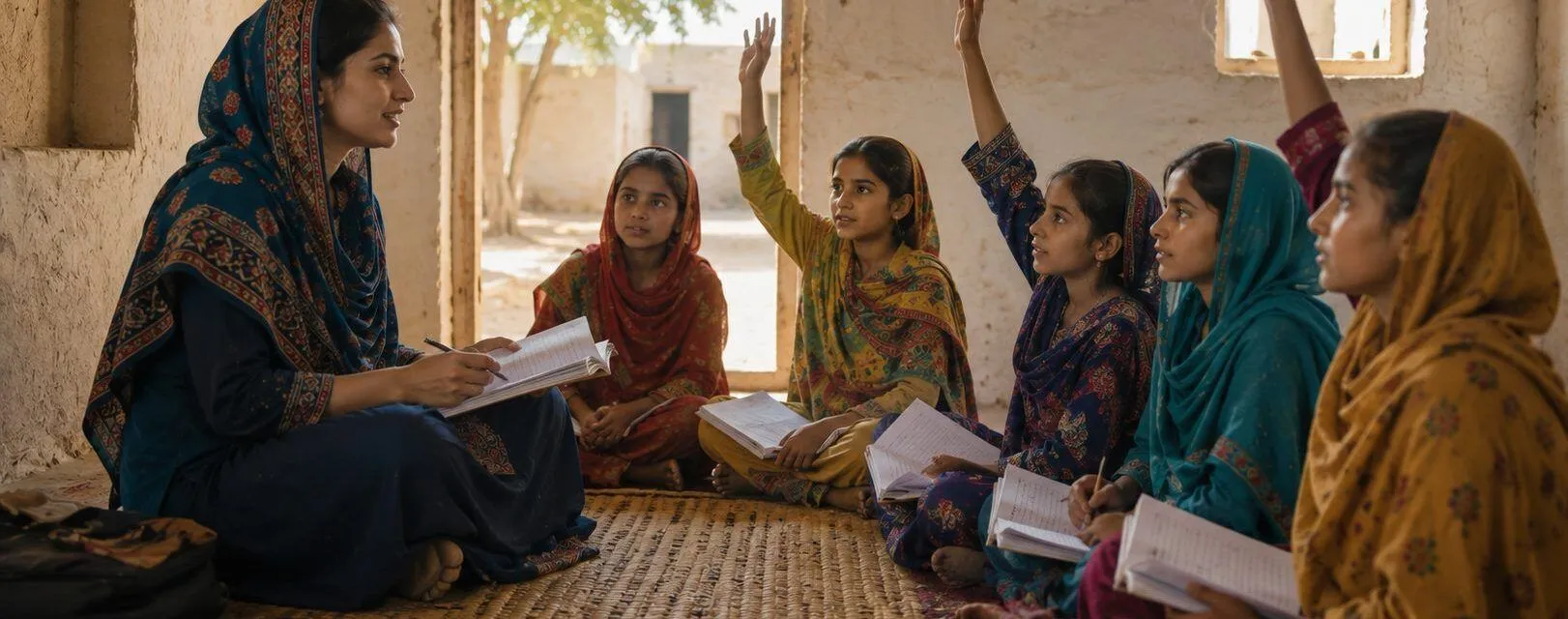 A teacher in a blue ajrak-patterned dupatta sitting with six girls on woven mats in a sunlit village classroom in Sindh, several with their hands raised.