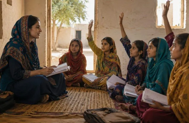 A teacher in a blue ajrak-patterned dupatta sitting with six girls on woven mats in a sunlit village classroom in Sindh, several with their hands raised.
