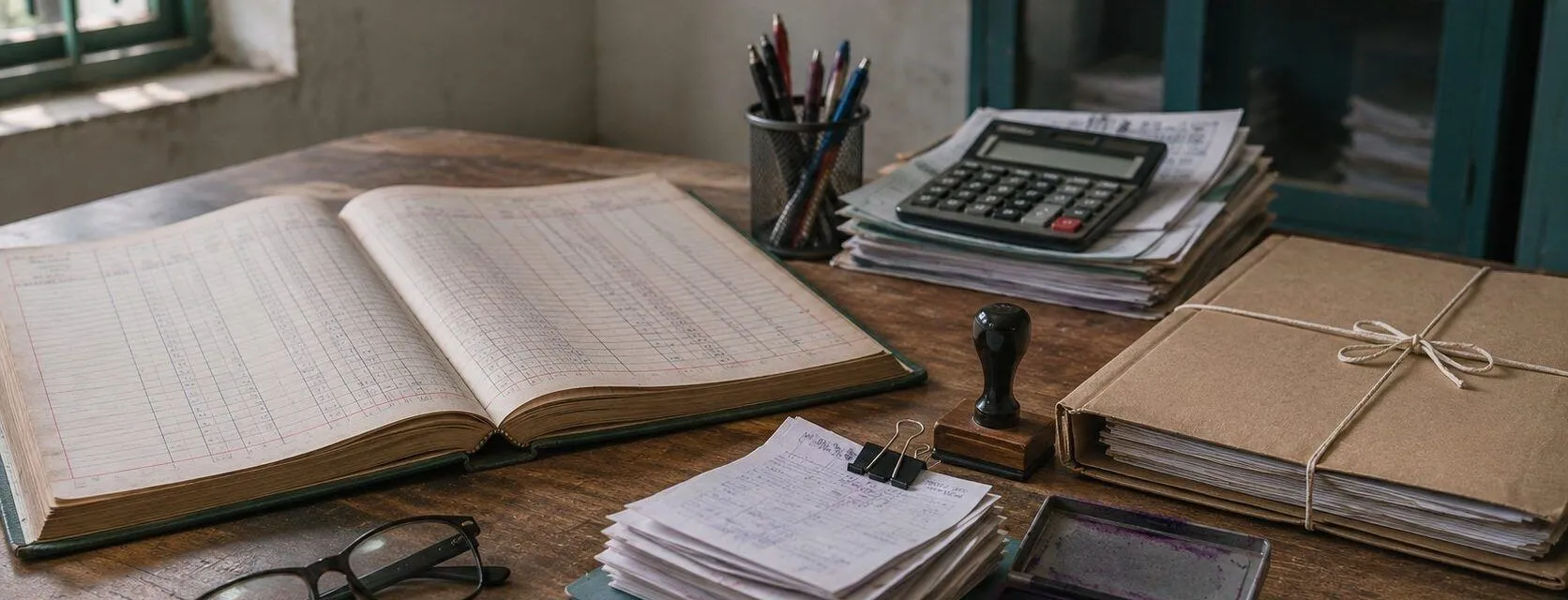 An open accounts ledger, a clipped stack of receipts, a rubber stamp and ink pad, reading glasses and a tied document folder on a wooden desk.