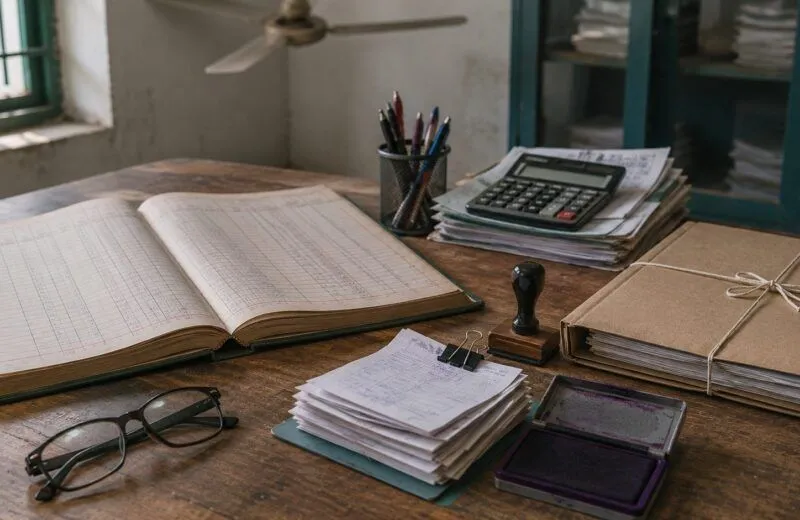 An open accounts ledger, a clipped stack of receipts, a rubber stamp and ink pad, reading glasses and a tied document folder on a wooden desk.