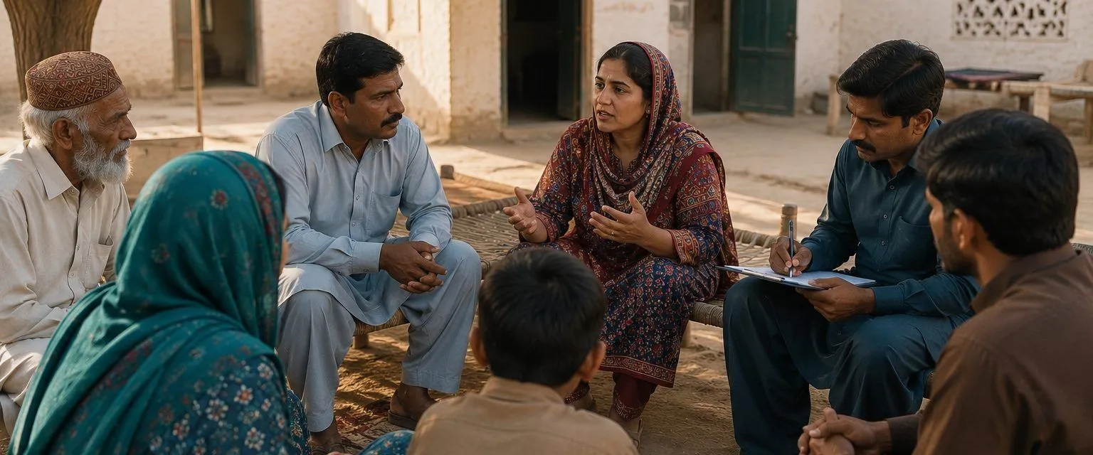 Villagers of mixed ages seated in a circle on charpais in a courtyard, one woman speaking while another participant takes notes.