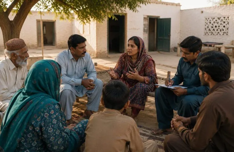 Villagers of mixed ages seated in a circle on charpais in a courtyard, one woman speaking while another participant takes notes.