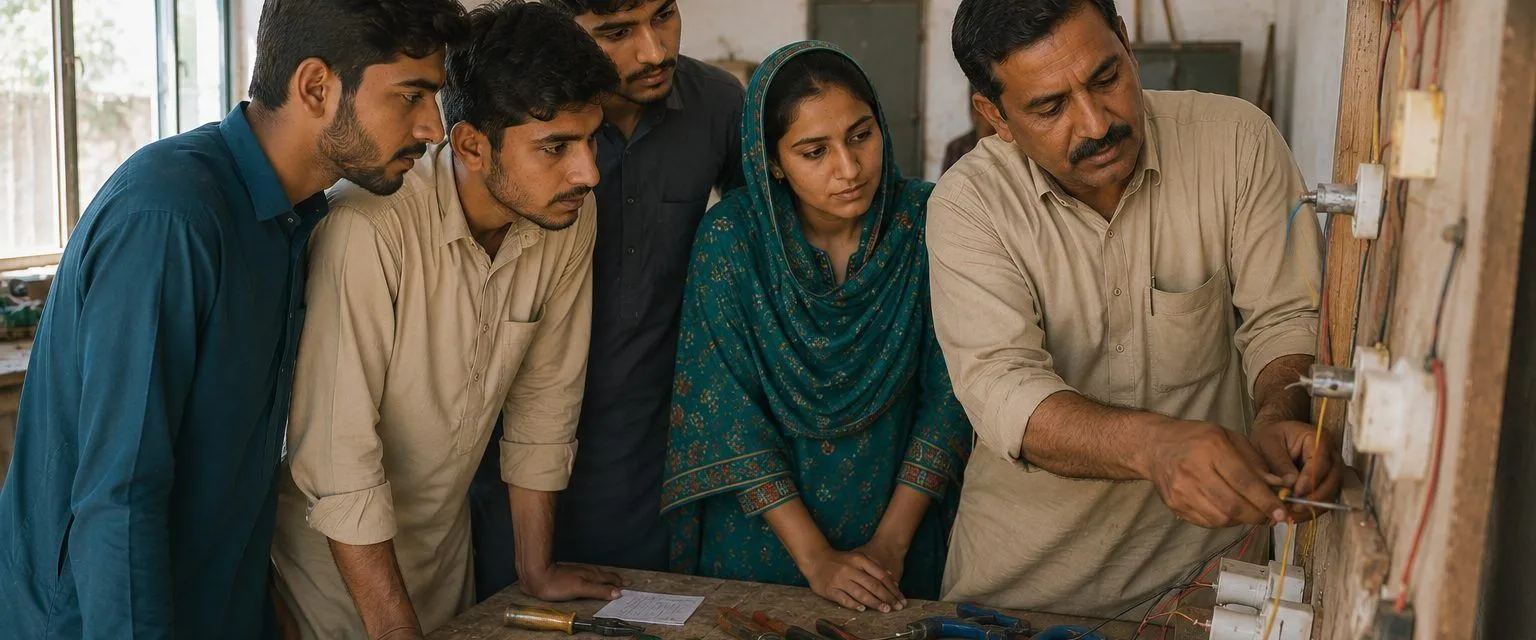 An instructor demonstrating electrical wiring on a practice board to four young trainees, three men and a woman, in a small technical workshop.