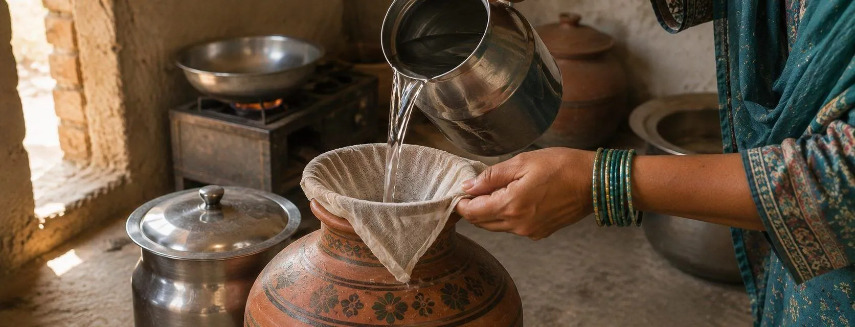 Hands pouring water from a steel jug through a cloth filter into a covered clay matka in a village kitchen, with a second lidded container alongside.