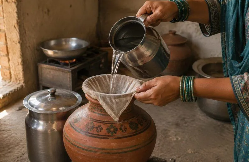 Hands pouring water from a steel jug through a cloth filter into a covered clay matka in a village kitchen, with a second lidded container alongside.