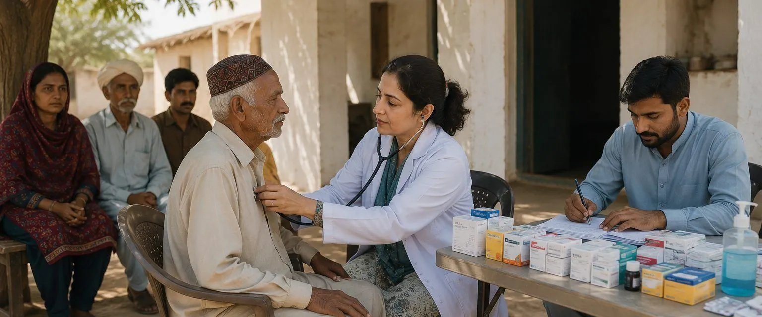 A woman doctor in a white coat examining an elderly man with a stethoscope at an outdoor free medical camp in rural Sindh, with a colleague recording details in a register.