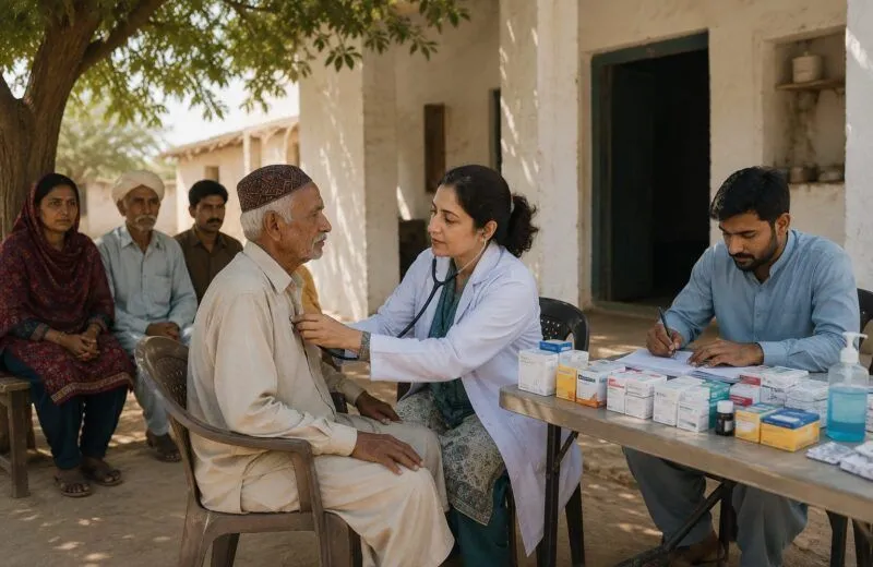 A woman doctor in a white coat examining an elderly man with a stethoscope at an outdoor free medical camp in rural Sindh, with a colleague recording details in a register.