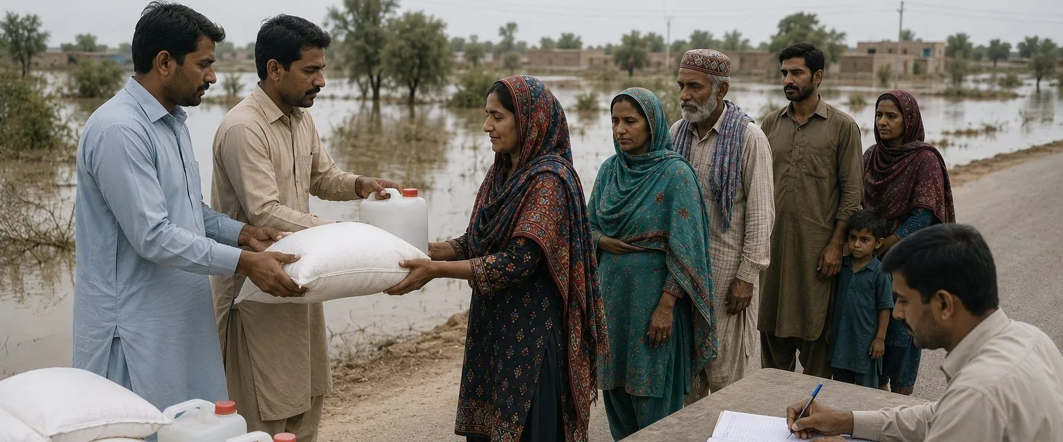 Volunteers handing a ration sack and a jerrycan of clean water to a woman at an organised relief point beside floodwater, with names recorded at a table.