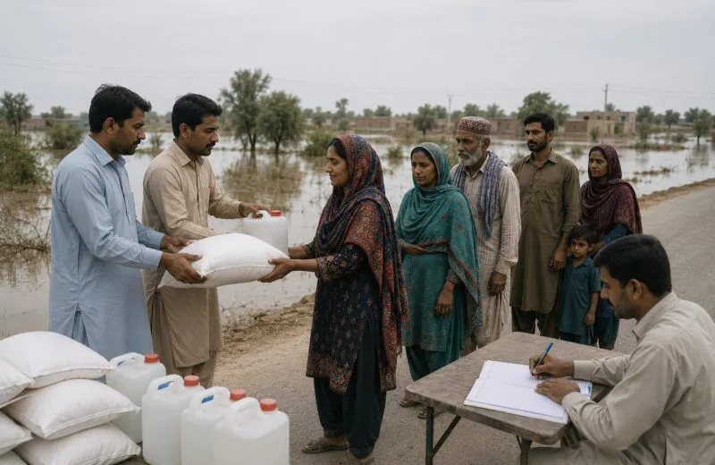 Volunteers handing a ration sack and a jerrycan of clean water to a woman at an organised relief point beside floodwater, with names recorded at a table.