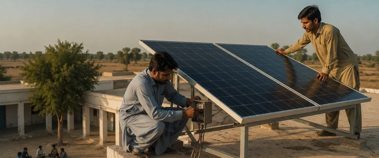Two men installing and wiring solar panels on the roof of a village school in rural Sindh, with children sitting in the courtyard below.