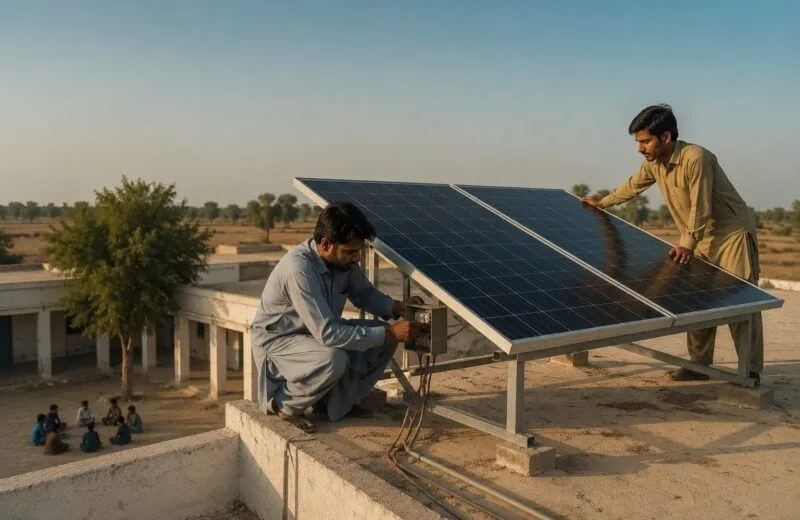 Two men installing and wiring solar panels on the roof of a village school in rural Sindh, with children sitting in the courtyard below.