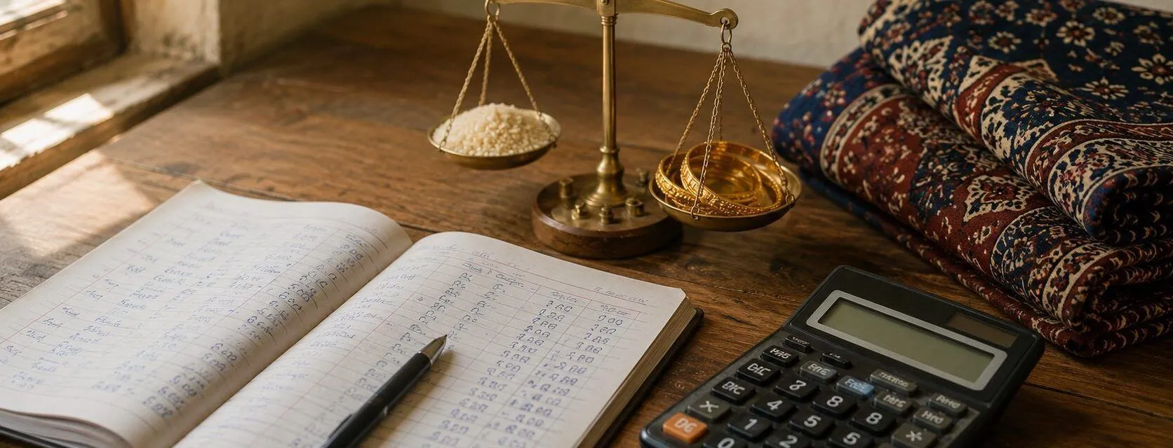 A brass balance holding grain in one pan and gold bangles in the other, beside a handwritten ledger, a pen and a calculator on a wooden table.
