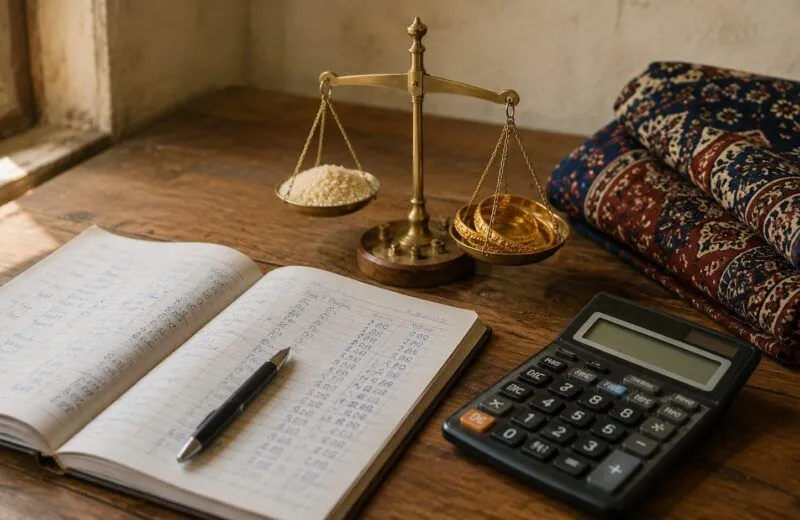 A brass balance holding grain in one pan and gold bangles in the other, beside a handwritten ledger, a pen and a calculator on a wooden table.