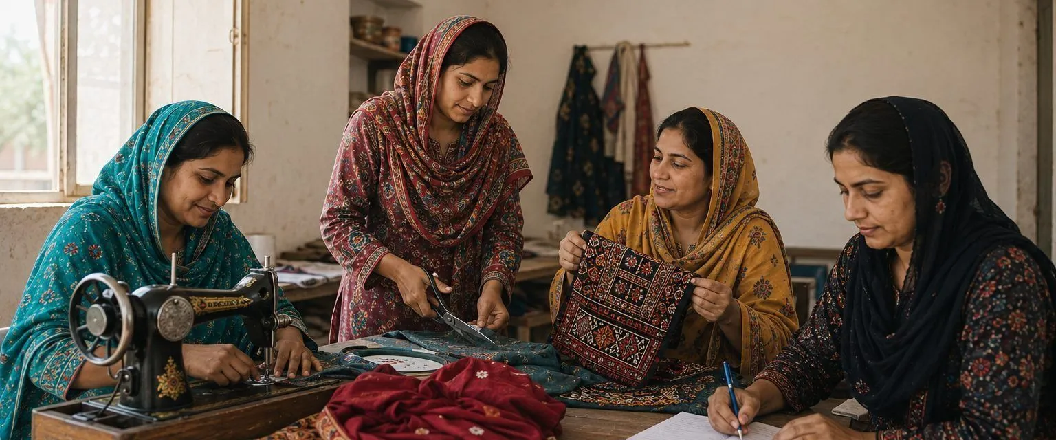 Four Pakistani women working together in a bright workshop: one at a sewing machine, one cutting fabric, one holding finished ajrak embroidery and one keeping accounts.