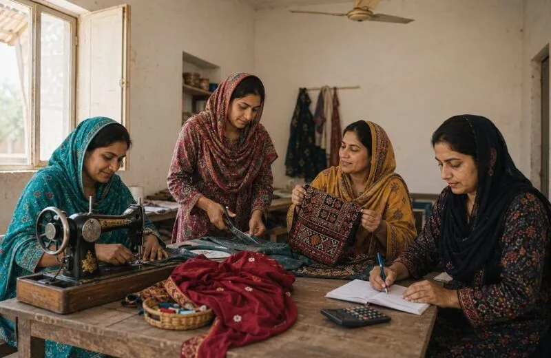Four Pakistani women working together in a bright workshop: one at a sewing machine, one cutting fabric, one holding finished ajrak embroidery and one keeping accounts.