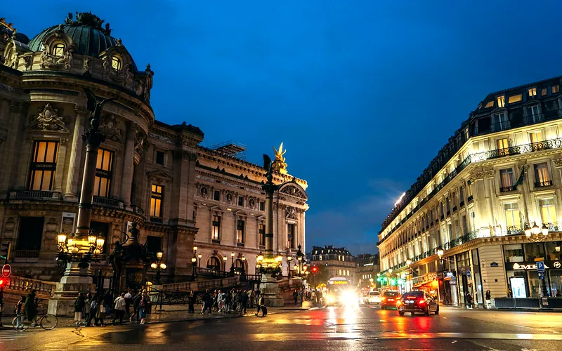 Paris night scene featuring the Opéra Garnier, vibrant city life, and illuminated streets