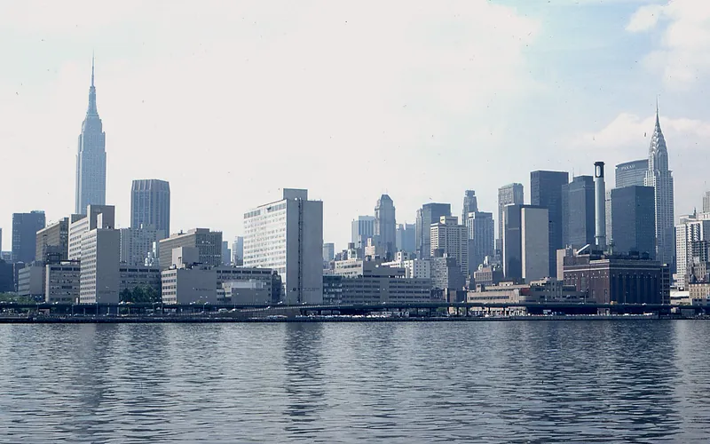 Classic view of the New York City skyline featuring iconic skyscrapers along the waterfront