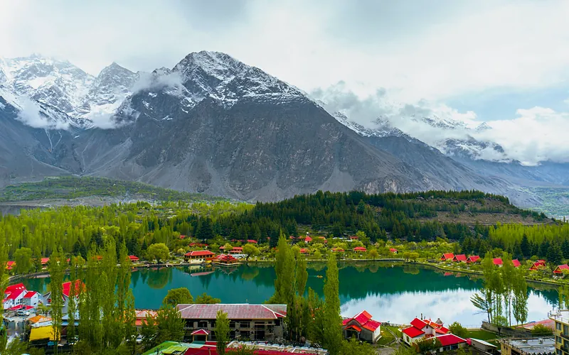 Capture of Shangrila Resort with mountains and lake in Skardu, Pakistan. A perfect travel destination with stunning landscapes