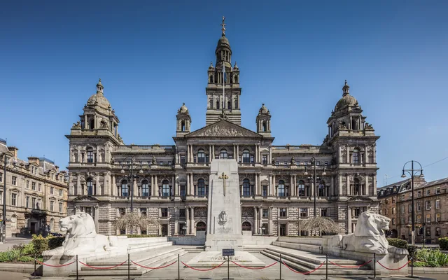 The Victorian facade of Glasgow City Chambers on George Square, Glasgow