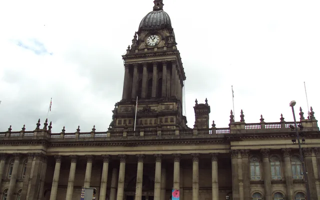 Leeds Town Hall with its columned front and clock tower on the Headrow, Leeds